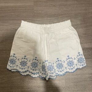 Calypso St. Barth White High Waist Shorts with Blue Embroidery
